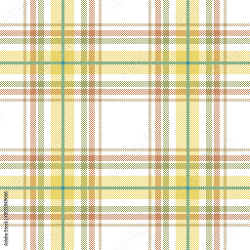 s A bright, light-toned plaid pattern with a white background, featuring wide bands of mustard yellow and subtle stripes of olive green and soft terracotta-tan.