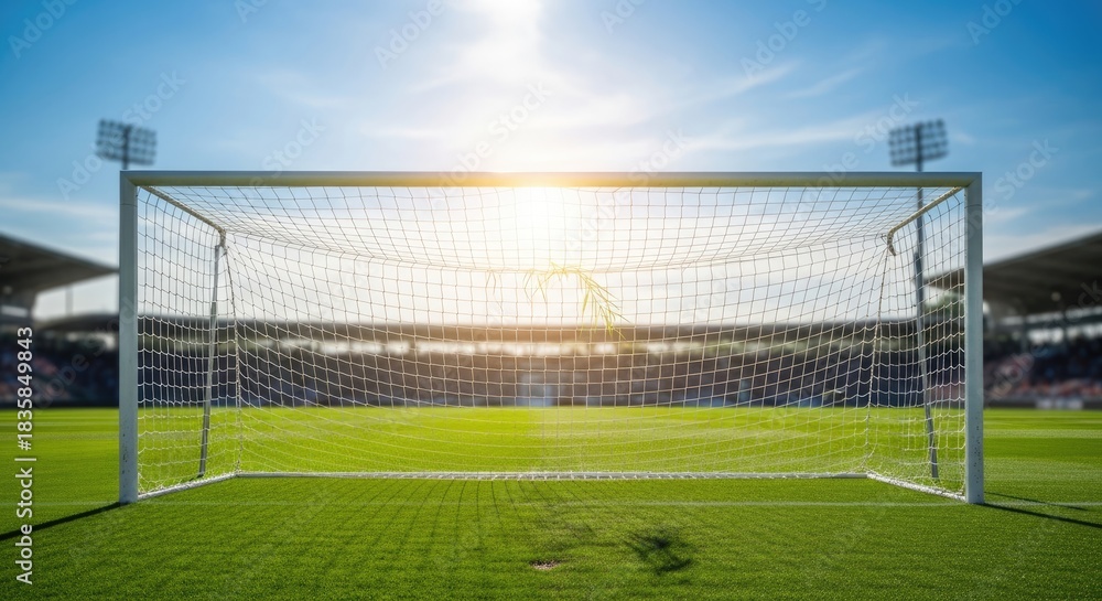 Fototapeta premium A soccer goalpost with a net on a grass field with a stadium in the background.
