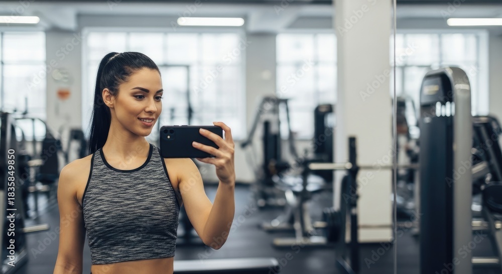 Fototapeta premium A woman in a gym taking a selfie in front of a mirror.