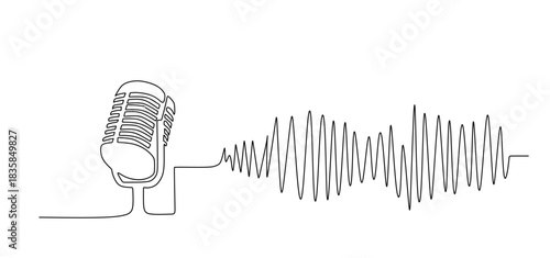 continuous single line drawing of handwritten word PODCAST and microphone and headphones  podcasting concept line art vector illustration