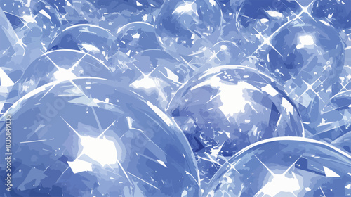 Vibrant blue vector spheres shimmer with brilliant light, creating a dazzling abstract background of glossy, reflective orbs.