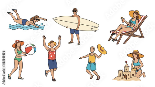 Diverse group enjoying vibrant summer beach vacation activities like swimming surfing relaxing and building sandcastles