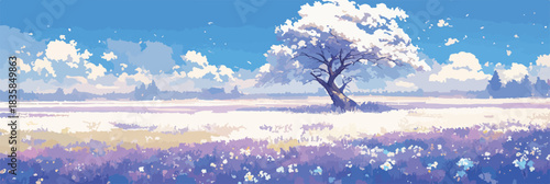 A beautiful vector landscape with a solitary white tree in a field of delicate purple and white blossoms under a soft blue sky.