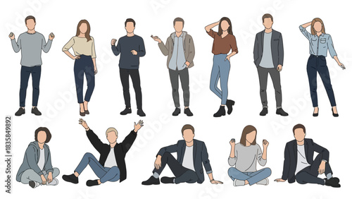 Diverse group of modern young professionals standing and sitting casually showing various everyday poses and modern casual fashion styles