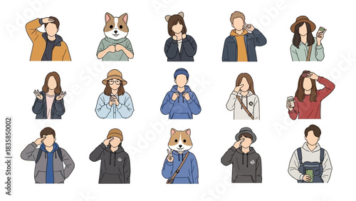 Cheerful collection of diverse young people and cute animal avatars making casual gestures perfect for modern lifestyle projects