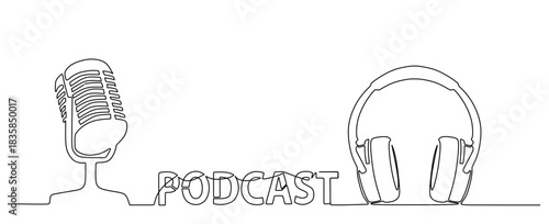 continuous single line drawing of handwritten word PODCAST and microphone and headphones  podcasting concept line art vector illustration
