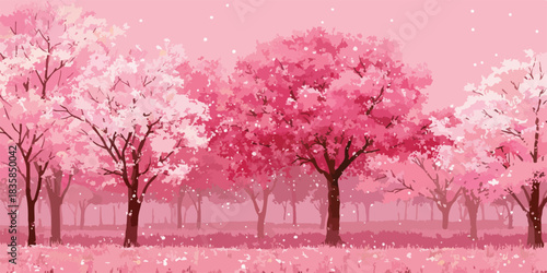 Vector illustration of a serene spring landscape featuring vibrant pink cherry blossom trees and delicate falling petals, evoking a dreamy, romantic atmosphere.