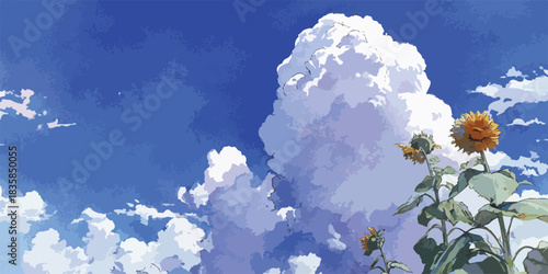 Vibrant vector illustration of a summer day with cheerful sunflowers reaching towards a brilliant blue sky filled with majestic cumulus clouds.