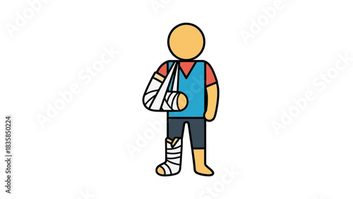 Simple flat design person with arm sling and leg cast symbolizing injury recovery and healthcare needs