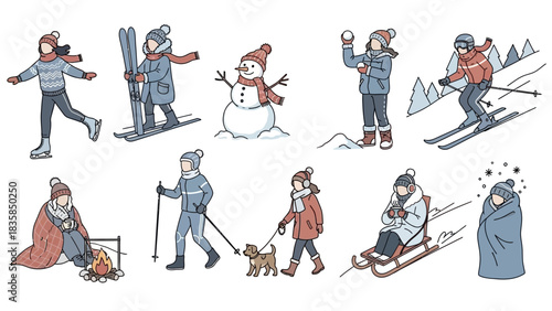 Charming collection of diverse people enjoying fun winter outdoor activities like skating skiing and building a snowman