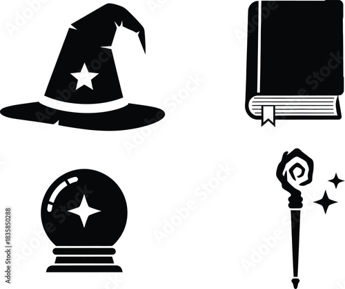 Magic wizardry icons set featuring a hat book crystal ball and wand vector illustration isolated on white background