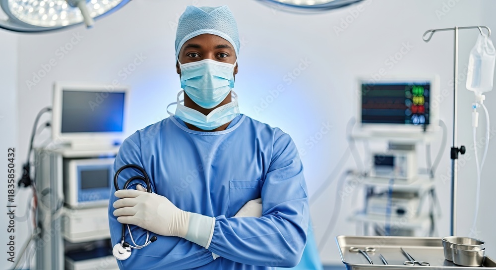 Naklejka premium A male healthcare professional in a blue surgical gown and cap stands confidently in an operating room with medical equipment and monitors in the background.