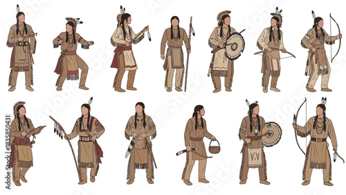Diverse collection of Native American men in traditional attire showcasing historical weaponry and cultural artifacts