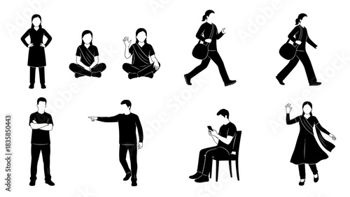 Diverse group of people silhouettes showing various modern actions like walking, sitting, and gesturing for professional use