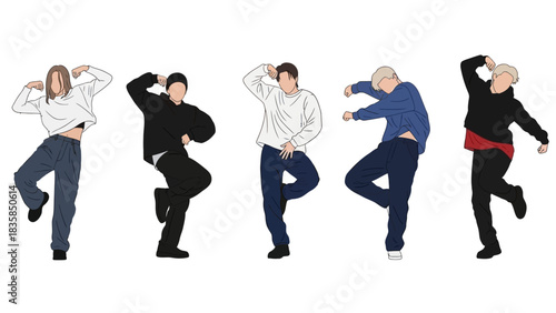 Five dynamic dancers strike powerful K-pop inspired poses showcasing energetic modern street style choreography moves