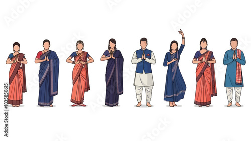 Diverse group of Indian men and women gracefully greeting with Namaste gesture in traditional attire