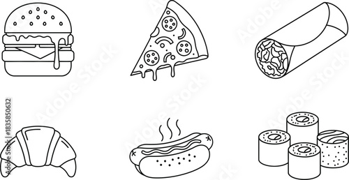Outline vector icon set of popular fast food and snack items including burger pizza and hot dog isolated on white background