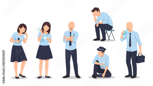 Stressed office workers displaying various negative emotions like anxiety, sickness, and despair in a professional setting