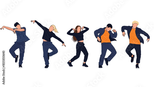 Dynamic group of dancers expressing energy and movement through stylish contemporary choreography in bold, modern poses, perfect for performance or lifestyle themes.