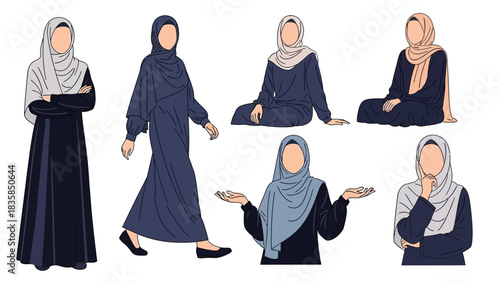 Diverse Muslim women in stylish hijabs showcasing modern fashion and elegant poses, representing culture and empowerment