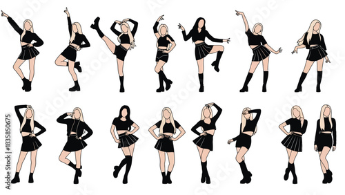 Dynamic K-Pop inspired dance poses by stylish women in trendy black outfits, perfect for fashion and entertainment projects