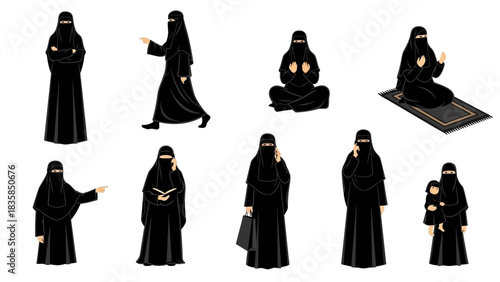 Diverse Muslim women depicted in various everyday activities showcasing faith, communication, and lifestyle