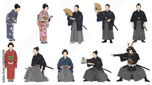 Diverse group of people in traditional Japanese attire including samurai warriors and geisha performing cultural activities like tea ceremony and fan dancing