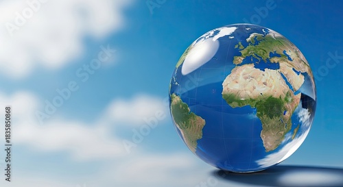 Fototapeta Naklejka Na Ścianę i Meble -  A transparent globe with a blue sky and clouds in the background.