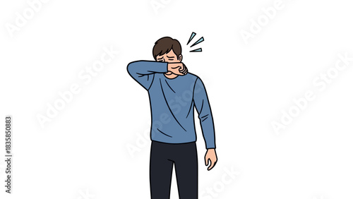 Man sneezing into elbow, demonstrating proper cough and sneeze etiquette to prevent germ spread and promote health awareness in modern society.