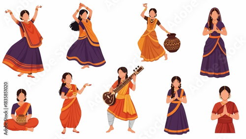 Captivating Indian women showcase vibrant cultural dances and traditional music performance with graceful poses