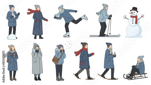 Embrace winter fun with diverse people enjoying snowy activities like ice skating, skiing, sledding, and building a snowman, perfect for seasonal campaigns.