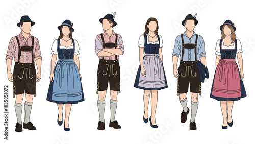 Captivating diverse couples showcase traditional Bavarian lederhosen and dirndl outfits, embodying festive cultural style for Oktoberfest celebrations.