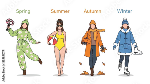 Charming women showcase seasonal fashion and activities from vibrant spring blossoms to icy winter sports