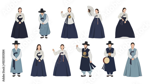 Elegant individuals in traditional Korean hanbok attire showcase cultural heritage and timeless fashion with grace and poise.