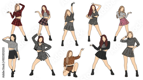 Dynamic K-pop girl group dancers striking confident poses in fashionable outfits for energetic stage performances and music videos