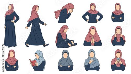 Captivating collection of diverse women in elegant hijab styles expressing various emotions and daily activities, perfect for modern storytelling and cultural representation.