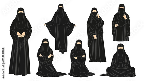 Diverse women in traditional Islamic attire showcasing modesty and elegance in various poses, representing cultural identity and personal expression.