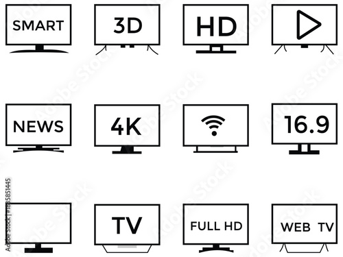 TV and Smart Monitor Icon Set – Vector 4K, HD, LCD, Screen, Remote, and Editable Display Graphics
