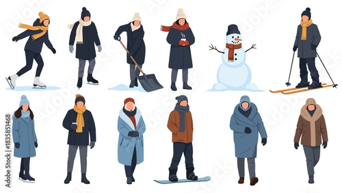 Embrace winter fun with vibrant characters enjoying diverse seasonal activities from ice skating to skiing and cozy moments