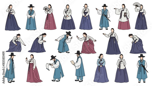 Vibrant collection of diverse individuals gracefully posing in traditional Korean hanbok attire, showcasing cultural heritage and elegant style