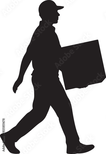 Silhouette of a man wearing a baseball cap carrying a large box while walking person