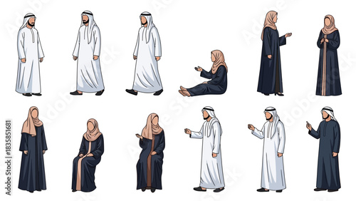 Diverse group of men and women in traditional Middle Eastern attire showcasing cultural representation and modern lifestyle versatility for commercial projects