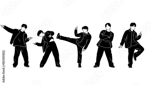 Dynamic group of five dancers striking stylish poses in silhouette, capturing energy and movement for modern creative projects.