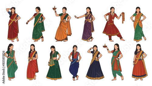 Vibrant collection of women in traditional Indian attire showcasing diverse cultural expressions and elegant poses