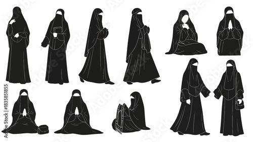 Diverse Muslim women in traditional attire showcasing prayer, reading, and companionship in elegant silhouette poses