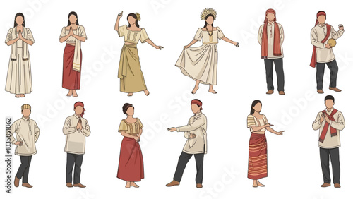 Diverse people in traditional cultural attire celebrating heritage and community with elegant gestures and vibrant expressions