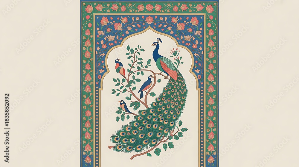 Modern illustration of a traditional Mughal wedding invitation in Indian style
