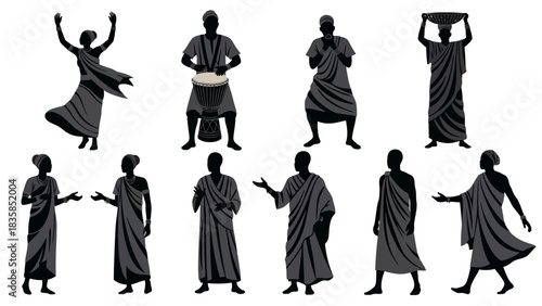 Vibrant silhouettes of diverse African people engaged in traditional activities like dancing, drumming, and carrying baskets, celebrating rich cultural heritage.