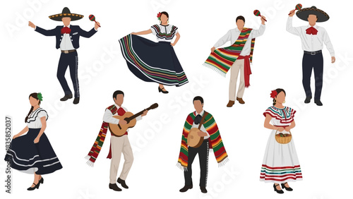 Vibrant Mexican performers in traditional attire celebrate culture with music and dance, evoking festive joy and heritage.