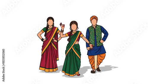 Vibrant Indian dancers in traditional attire pose gracefully, celebrating cultural heritage with festive spirit and colorful clothing